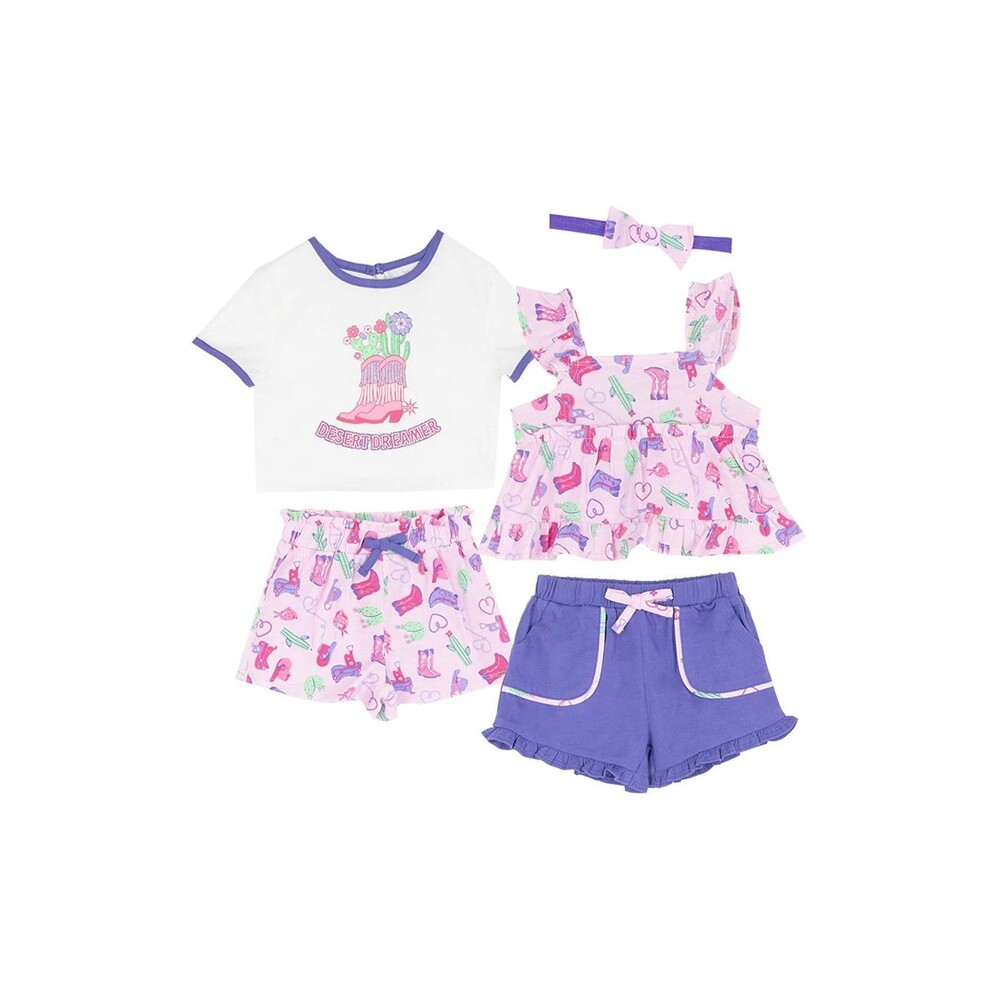 Rare Editions Baby Girls Cowboy Print Shirts and Shorts Set with Headband